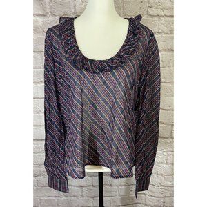 NEW J Crew Plaid Ruffle Neck Shirt Womens 12 Slightly Sheer Long Sleeve Top 9118